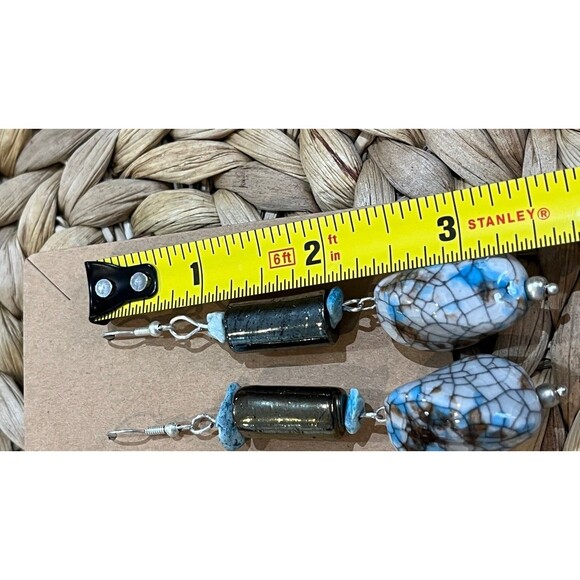 Hand Made Glass Beads & Turquoise Dangle Drop Earrings Boho Art To Wear Gypsy - Picture 5 of 7